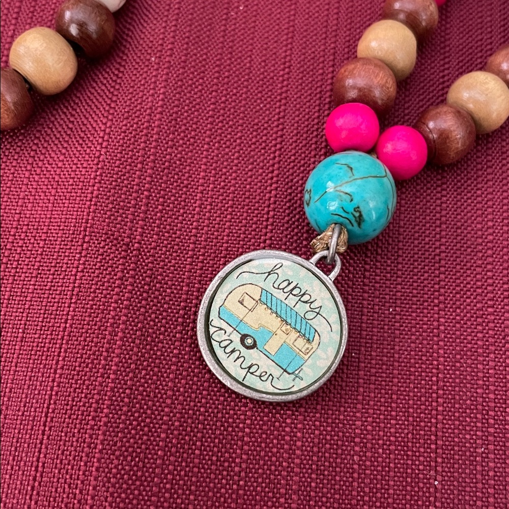 Hand assembled beaded necklace happy camper